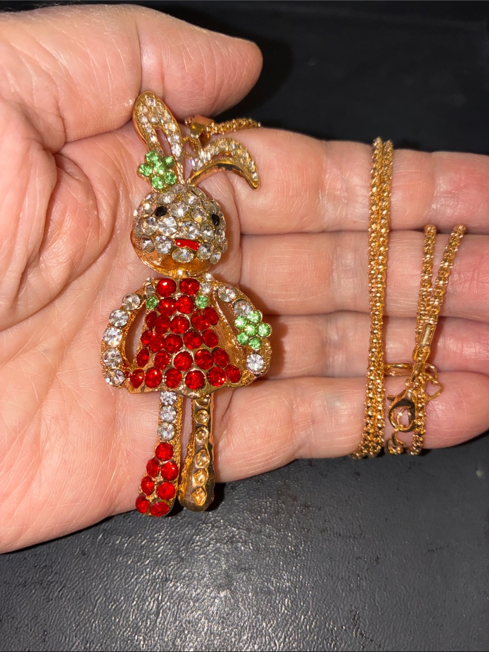 Red and Green Crystals Gold-Tone Bunny Pendant Movement Piece Necklace